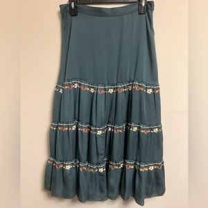 Anthropologie Dolan Blue/Steel Grey Midi Skirt with Floral Embroidery Size M